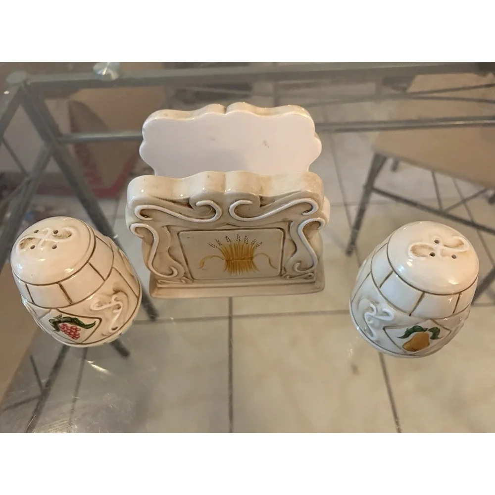 American Atelier San Marco Napkin Holder Salt Pepper Shakers Set Wheat Grapes